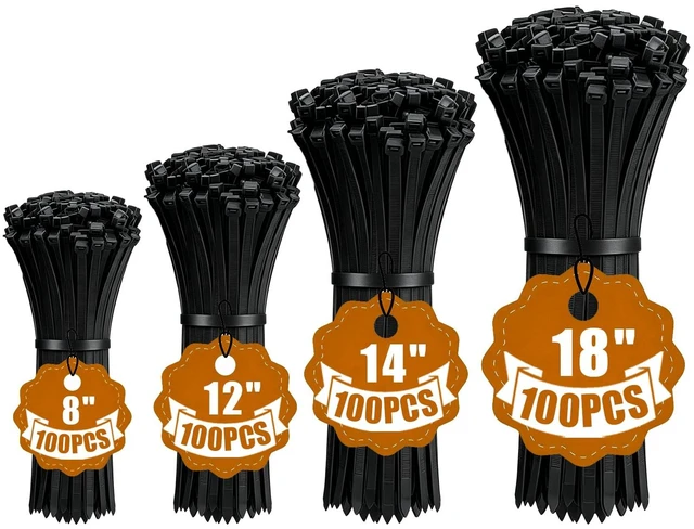 Main image of Black Zip Ties Heavy Duty 400 Pack Assorted Sizes 8+12+14+18 Inch Cable Ties Industrial Plastic Ties With Self-Locking Adjustable More Durable Nylon Tie Wraps for Indoor Outdoor