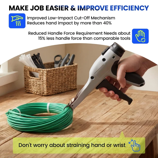 Alt view image 2 of 7 - Low-Impact Cable Tie Gun for Plastic & Nylon Zip Tie, Replace Panduit GTS-E, Ergonomic Zip Tie Gun with Adjustable Tension, 16-Position Knob, Flush Cut, Low Handle Force, Fits 8-50 lb Cable Ties