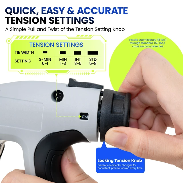 Alt view image 5 of 7 - Low-Impact Cable Tie Gun for Plastic & Nylon Zip Tie, Replace Panduit GTS-E, Ergonomic Zip Tie Gun with Adjustable Tension, 16-Position Knob, Flush Cut, Low Handle Force, Fits 8-50 lb Cable Ties
