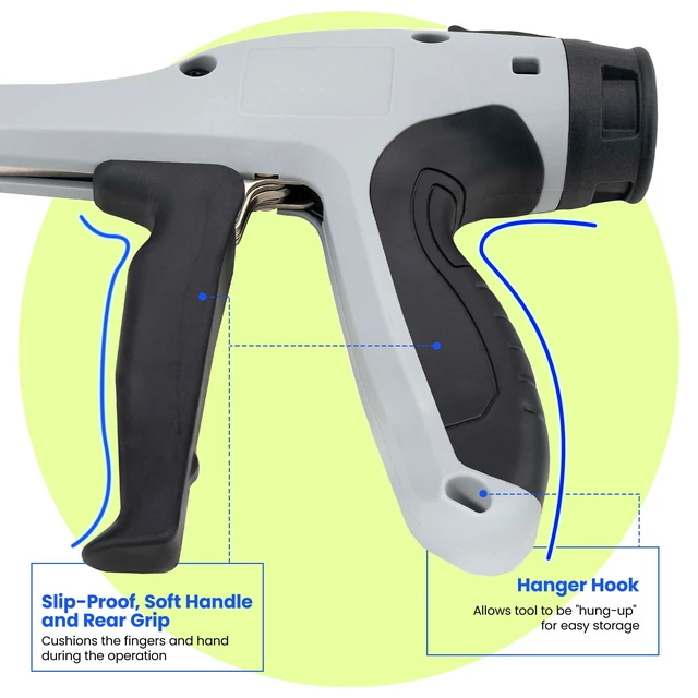 Alt view image 6 of 7 - Low-Impact Cable Tie Gun for Plastic & Nylon Zip Tie, Replace Panduit GTS-E, Ergonomic Zip Tie Gun with Adjustable Tension, 16-Position Knob, Flush Cut, Low Handle Force, Fits 8-50 lb Cable Ties