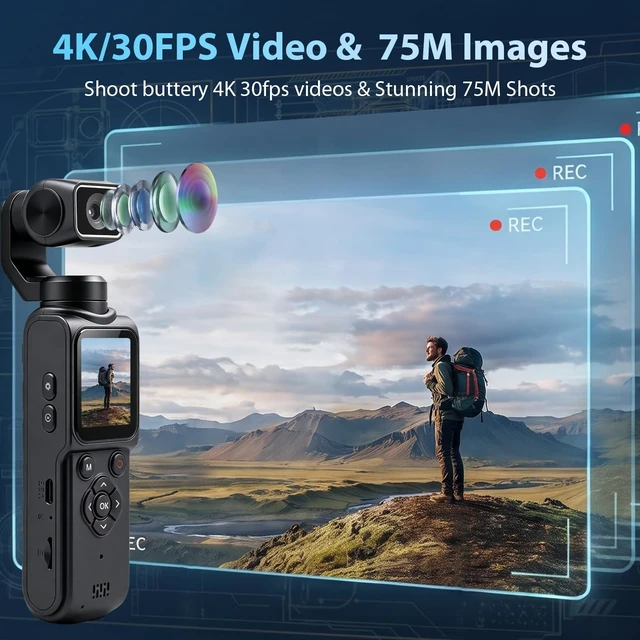 Alt view image 2 of 7 - 4K Gimbal Camera for Vlogging Pocket Handheld Video Camera Body Cam 4K Video Recording&75MP Photo Rotating Lens&Face Tracking 1.72in Touchscreen Bluetooth Tripod, Lanyard and 16GB Card