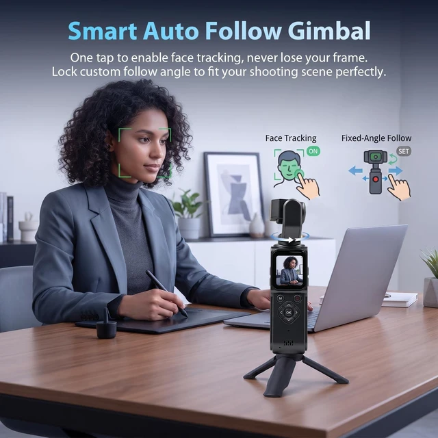 Alt view image 3 of 7 - 4K Gimbal Camera for Vlogging Pocket Handheld Video Camera Body Cam 4K Video Recording&75MP Photo Rotating Lens&Face Tracking 1.72in Touchscreen Bluetooth Tripod, Lanyard and 16GB Card