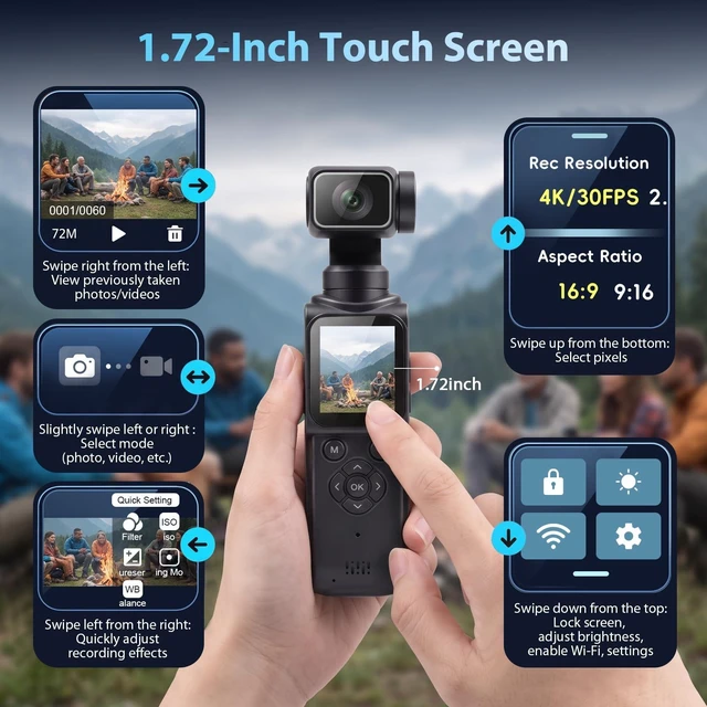 Alt view image 5 of 7 - 4K Gimbal Camera for Vlogging Pocket Handheld Video Camera Body Cam 4K Video Recording&75MP Photo Rotating Lens&Face Tracking 1.72in Touchscreen Bluetooth Tripod, Lanyard and 16GB Card