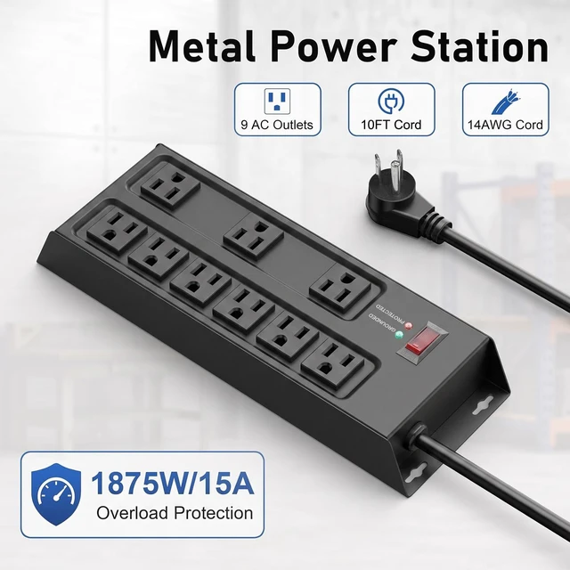Alt view image 2 of 7 - Metal Power Strip Surge Protector, 9 Outlets Heavy Duty Power Strip 10 FT Wall Mount Power Strip with Flat Plug2100J Surge Protection,15A 125V 1875W14AWG Extension Cord for Garage Workshop (Black)