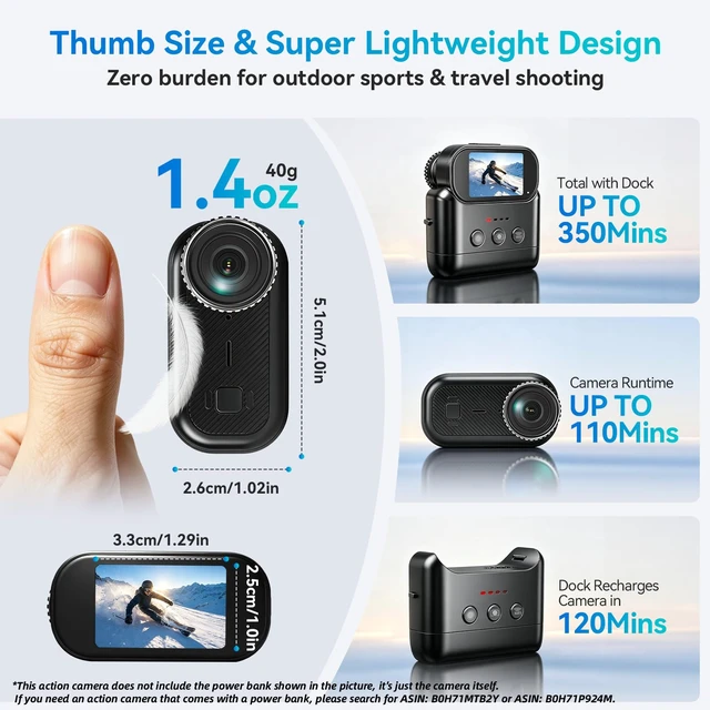 Alt view image 7 of 7 - 4K Mini Action Camera,Tiny Magnetic Action Camera with 64GB 6Axis EIS,3D Noise Reduction,5G WiFi,1.3" Screen,Hands-Free Wearable POV Recording for Vlogging,Bike Cycling,Pet