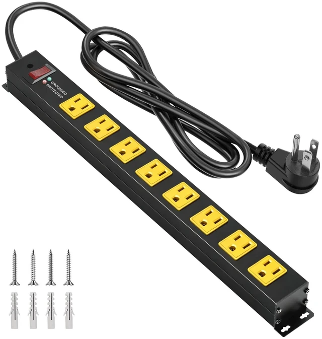 Main image of Heavy Duty 8 Outlets Metal Surge Protector Power Strip 2000J, 6FT Wall Mount, Wide Spacing, Flat Plug, Black Housing Yellow Outlets, 15A/1875W, 14AWG Cord for Garage Workshop Home Office