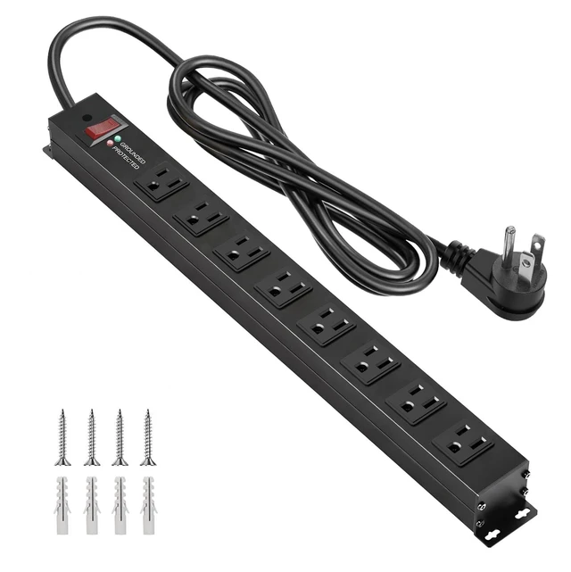 Main image of Heavy Duty 8 Outlets Metal Surge Protector Power Strip 2000J, 6FT Wall Mount, 1.6In Wide Spacing, Flat Plug, Black, 15A/1875W, 14AWG Cord for Garage Workshop Home Office