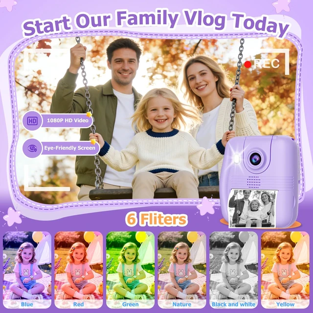 Alt view image 5 of 7 - Kids Camera Instant Print - 2.4" Eye-Care Digital Video Camera for Toddlers & Kids Ages 3-12, with 3 Rolls Paper & 32GB SD Card, 1080P, 18 Frames, Birthday Christmas Valentines Gifts for Girls