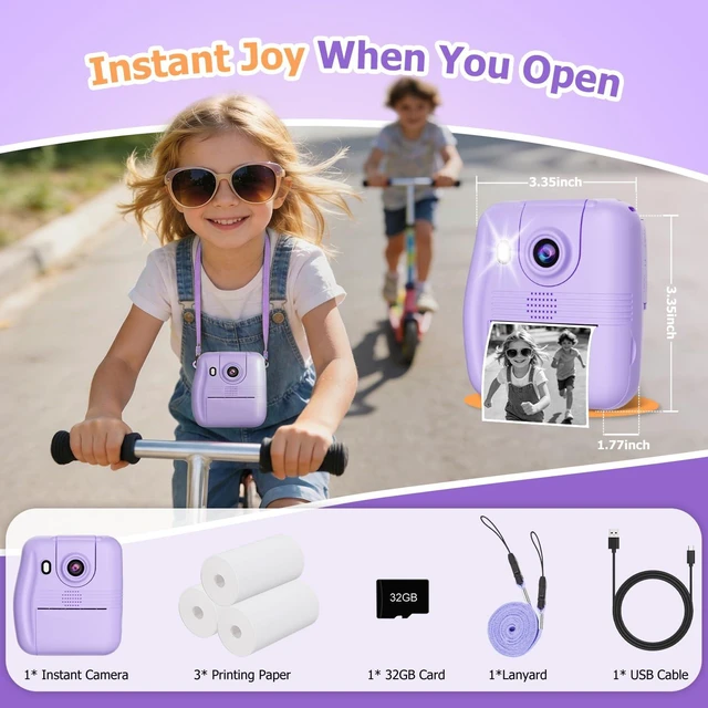 Alt view image 7 of 7 - Kids Camera Instant Print - 2.4" Eye-Care Digital Video Camera for Toddlers & Kids Ages 3-12, with 3 Rolls Paper & 32GB SD Card, 1080P, 18 Frames, Birthday Christmas Valentines Gifts for Girls