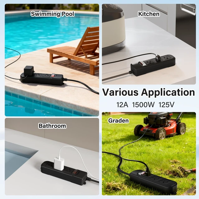 Alt view image 7 of 7 - Outdoor Power Strip 4 Ft, IPX4 Waterproof Surge Protector 3 Widely Spaced AC Outlets Extension Cord, 45° Flat Plug, Wall Mountable, 18 Gauge 125V for Garden Patio Camping Christmas Lights-ETL