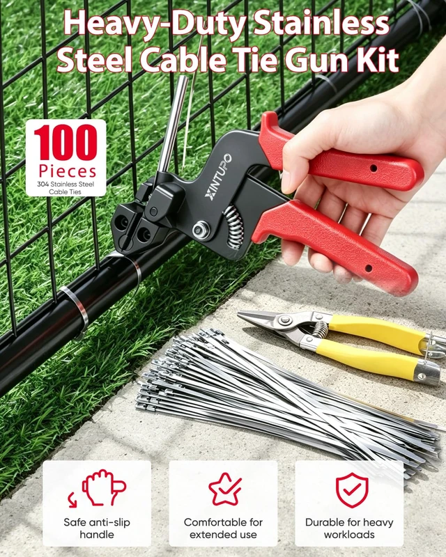 Alt view image 3 of 7 - 102-Piece Cable Tie Gun Kit, with Heavy-Duty 304 Stainless Steel Zip Ties Includes Cable Tie Gun + 100 Pcs 11.8 Inch Metal Zip Ties & Industrial Shears;For Fence, Farm, Chicken Coop,Exhaust Pipe