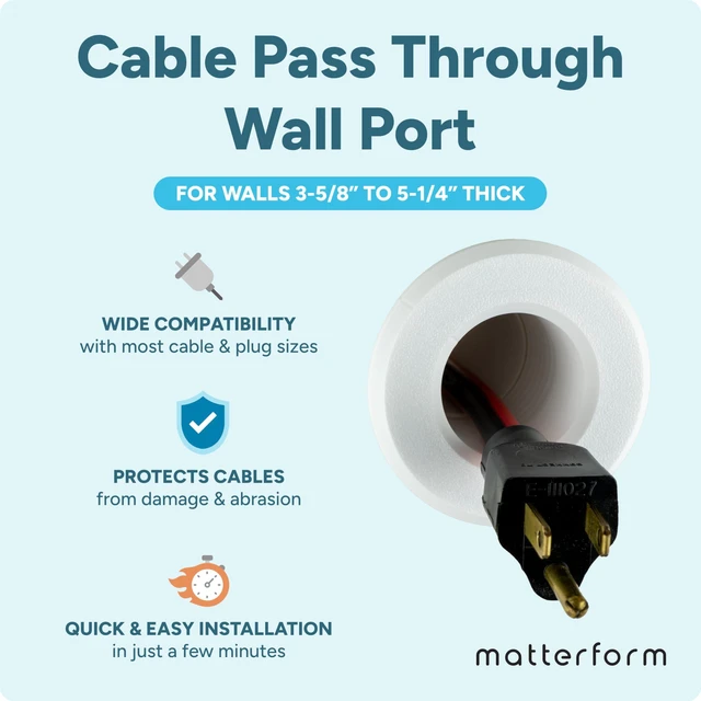 Alt view image 2 of 7 - Cable Pass Through Wall Port Fits Cable Sizes up to 3-Prong Plug Compatible with 3 5/8 - 5 1/4 Wall Thickness Provides Solid Channel Through Wall (White)