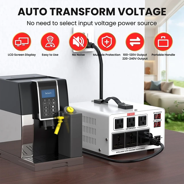 Alt view image 7 of 7 - 3000VA Step Up/Down Voltage Transformer Converter 110/120V to 220/240V Auto Input Recognition,3 US & 3 Universal Outlets, LCD Display,for Home Appliances,International Travel, Workshop, Power Tool