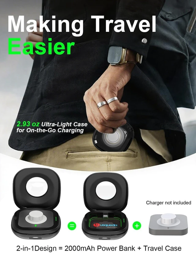 Alt view image 2 of 7 - Wireless Charging Case for Oura Ring 4 Charger, 2000mAh Portable Travel Charging Station Fits All-Sized Ring Gen 4, 30-Day Runtime (Official Charger NOT Included),Black