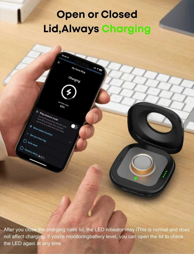 Alt view image 5 of 7 - Wireless Charging Case for Oura Ring 4 Charger, 2000mAh Portable Travel Charging Station Fits All-Sized Ring Gen 4, 30-Day Runtime (Official Charger NOT Included),Black