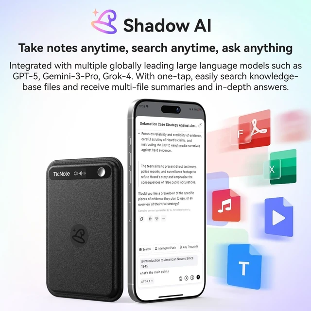 Alt view image 3 of 7 - TicNote AI Voice Recorder, AI Transcription & Summary (Black) With Case, APP Control, 120+ Languages, Dual-Mode Recording, Voiceprint Identification, AI Shadow, 600 Minutes Free/Month