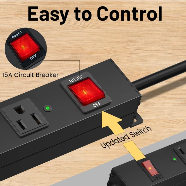 Alt view image 2 of 5 - 6 Outlets Heavy Duty Power Strip with 2100J Surge Protection and 15A Circuit Breker,6 Wide-Spaced Outlets in Metal Housing,Wall Mount with 8FT Extension Cord for Organized Home,Office,Garage