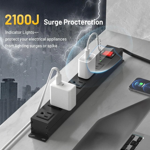 Alt view image 3 of 5 - 6 Outlets Heavy Duty Power Strip with 2100J Surge Protection and 15A Circuit Breker,6 Wide-Spaced Outlets in Metal Housing,Wall Mount with 8FT Extension Cord for Organized Home,Office,Garage