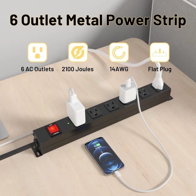 Alt view image 4 of 5 - 6 Outlets Heavy Duty Power Strip with 2100J Surge Protection and 15A Circuit Breker,6 Wide-Spaced Outlets in Metal Housing,Wall Mount with 8FT Extension Cord for Organized Home,Office,Garage