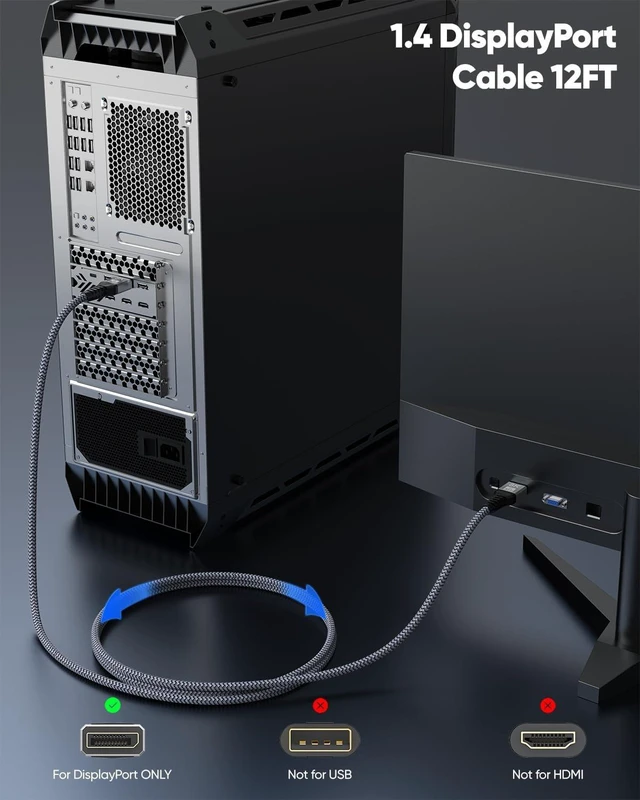 Alt view image 6 of 7 - 8K DisplayPort Cable 12FT 2-Pack, Display Port 1.4 Cable DP Cord 8K@60Hz, 4K@144Hz, 2K@240Hz, 32.4Gbps, HBR3, HDR, HDCP2.2, 3D, FreeSync G-Sync for Gaming Monitor, Graphics Card, PC, Laptop