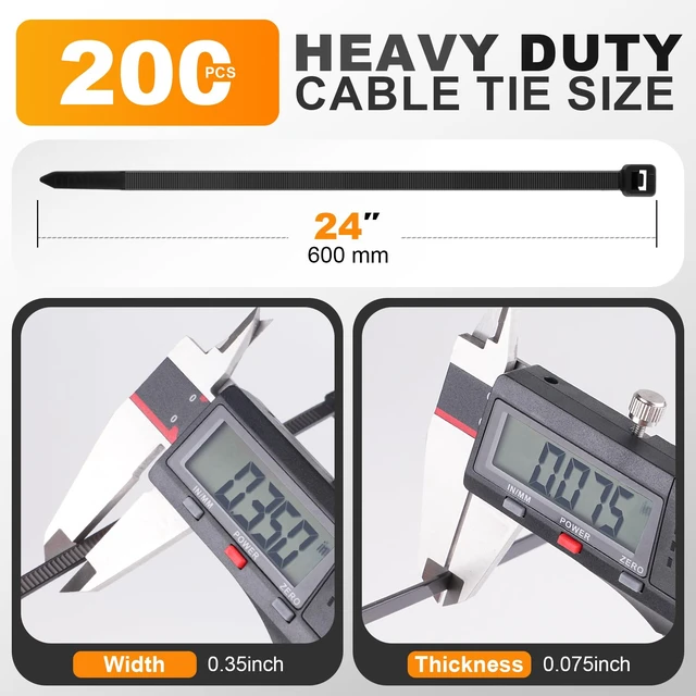 Alt view image 2 of 7 - 24 Inch Zip Ties,200LBS,0.35In Thick, 200Pack, Black Cable Ties Heavy Duty,Ultra Strong,Self-Locking, Nylon 66, UV & Weather Resistant, Indoor Outdoor, Garden & Industrial Use
