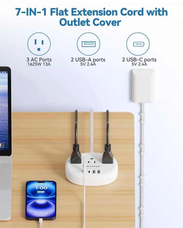 Alt view image 2 of 7 - Flat Extension Cord with Outlet Cover & Cable Clips- 10 FT 1625W Flat 90 Degree Power Strip with 3 AC Outlet 4 USB (24W/4.8A), For Behind Furniture Couch Sofa TV, etc