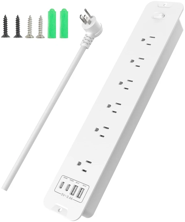 Main image of Recessed Power Strip Extension - 10 Outlet Surge Protector with 6 AC - 2 USB-A18W and 2 USB-CPD20W Ports - Flush Mount Desk Outlet with 6 Feet Cord - for Conference Table (White)