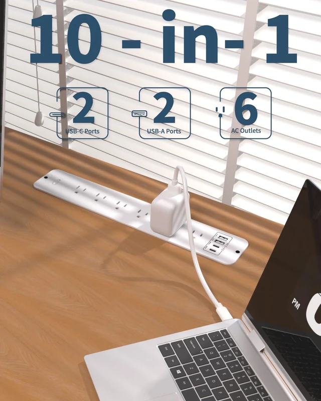 Alt view image 2 of 7 - Recessed Power Strip Extension - 10 Outlet Surge Protector with 6 AC - 2 USB-A18W and 2 USB-CPD20W Ports - Flush Mount Desk Outlet with 6 Feet Cord - for Conference Table (White)