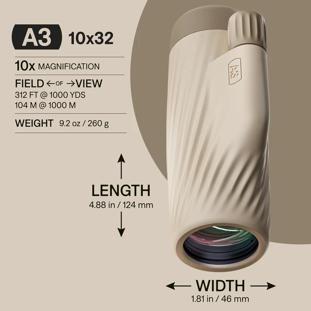 Alt view image 2 of 7 - A3 10x32 Monocular Oyster Clay Waterproof, Fogproof, 10X Magnification, Fully Multi-Coated Lenses & Rubber Armor