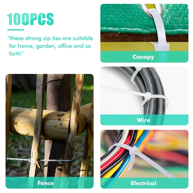 Alt view image 7 of 7 - 100 Pcs 24 Inch White Zip Ties Heavy Duty Cable Ties for Indoor Outdoor Binding Fences, Awnings Tying, Branches Bundling of Crops