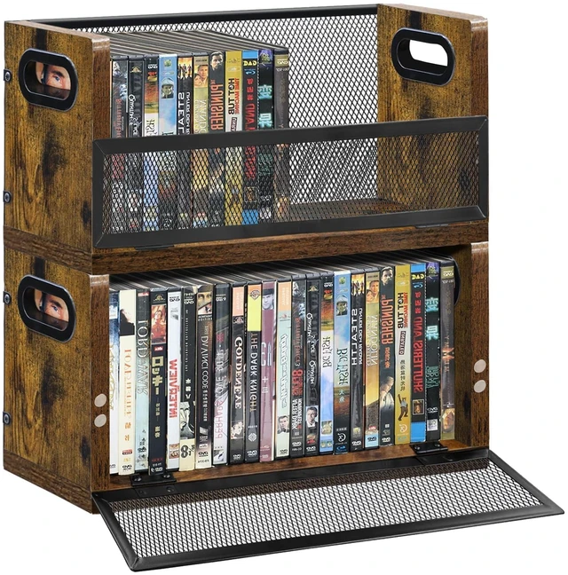 Main image of DVD Storage Rack, 2 Pack DVD Case Holder Organizer for 56 DVDs or 64 Blu-ray Cases, Wood and Metal Media Shelf with Handles for Desktop or Closet