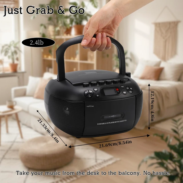 Alt view image 6 of 7 - Portable CD and Cassette Player Combo with Bluetooth, FM Radio, Remote Control, USB/AUX, Tape Recording, AC or D Battery Powered, LCD Display Ideal for Home, Seniors, Kids