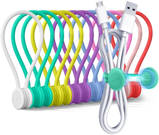 Main image of Magnetic Cable Ties 12 Pack, 6.88 Inch Reusable Silicone Cord Organizer Wraps, Strong Magnet Cable Management Straps for Charging Cords, USB Cables, Earbuds, Desk, Travel, Assorted Colors