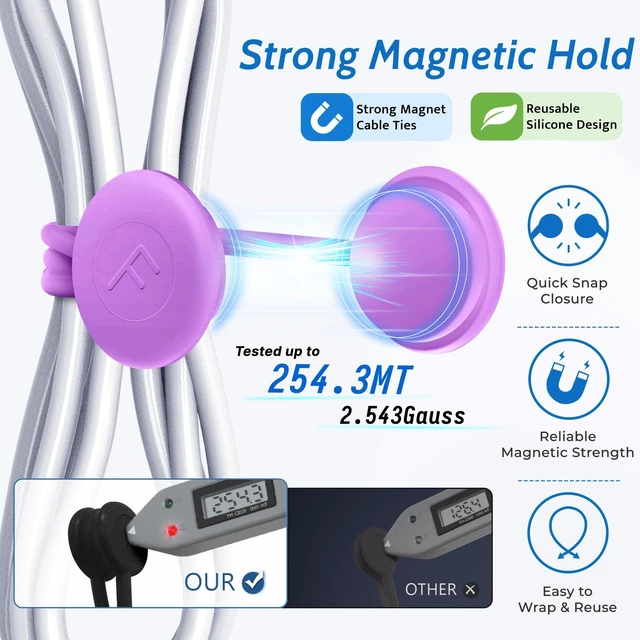 Alt view image 2 of 7 - Magnetic Cable Ties 12 Pack, 6.88 Inch Reusable Silicone Cord Organizer Wraps, Strong Magnet Cable Management Straps for Charging Cords, USB Cables, Earbuds, Desk, Travel, Assorted Colors
