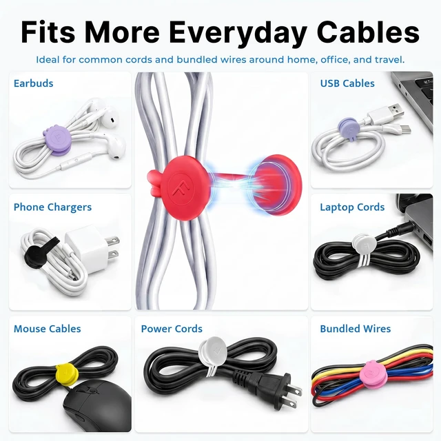 Alt view image 4 of 7 - Magnetic Cable Ties 12 Pack, 6.88 Inch Reusable Silicone Cord Organizer Wraps, Strong Magnet Cable Management Straps for Charging Cords, USB Cables, Earbuds, Desk, Travel, Assorted Colors