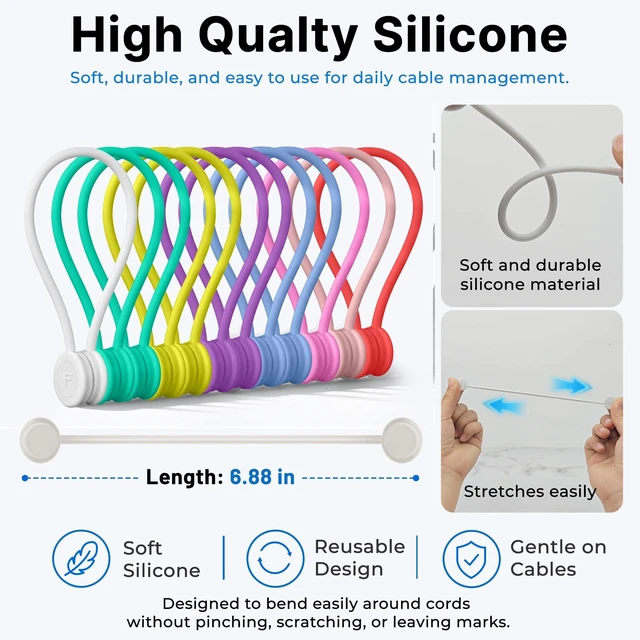 Alt view image 3 of 7 - Magnetic Cable Ties 12 Pack, 6.88 Inch Reusable Silicone Cord Organizer Wraps, Strong Magnet Cable Management Straps for Charging Cords, USB Cables, Earbuds, Desk, Travel, Assorted Colors