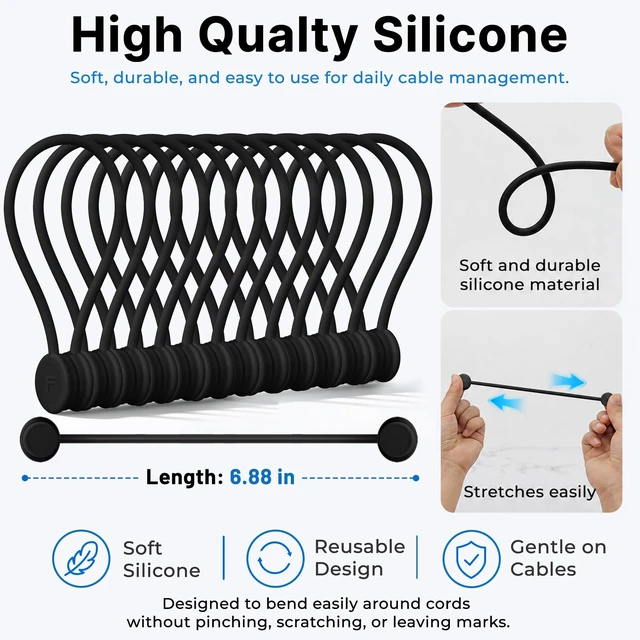 Alt view image 3 of 7 - Magnetic Cable Ties 12 Pack, 6.88 Inch Reusable Silicone Cord Organizer Wraps, Strong Magnet Cable Management Straps for Charging Cords, USB Cables, Earbuds, Desk, Travel, Black