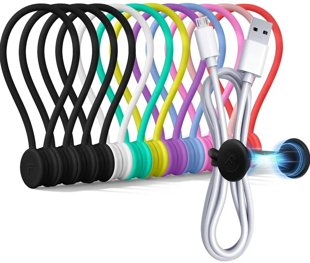 Main image of Magnetic Cable Ties 12 Pack, 6.88 Inch Reusable Silicone Cord Organizer Wraps, Magnetic Cable Straps for Charging Cords, USB Cables, Earbuds, Travel, Black & Assorted