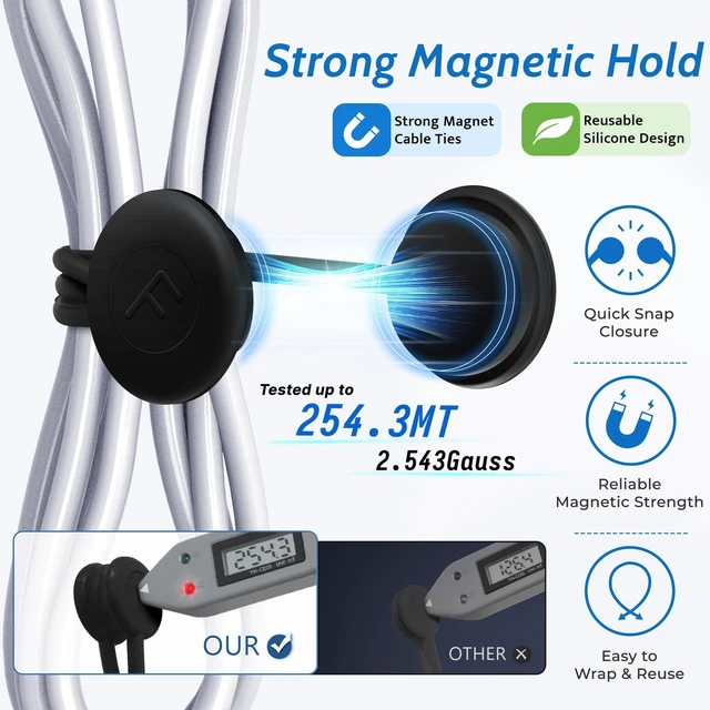 Alt view image 2 of 7 - Magnetic Cable Ties 12 Pack, 6.88 Inch Reusable Silicone Cord Organizer Wraps, Magnetic Cable Straps for Charging Cords, USB Cables, Earbuds, Travel, Black & Assorted