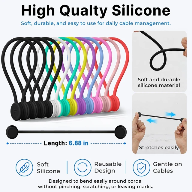 Alt view image 3 of 7 - Magnetic Cable Ties 12 Pack, 6.88 Inch Reusable Silicone Cord Organizer Wraps, Magnetic Cable Straps for Charging Cords, USB Cables, Earbuds, Travel, Black & Assorted