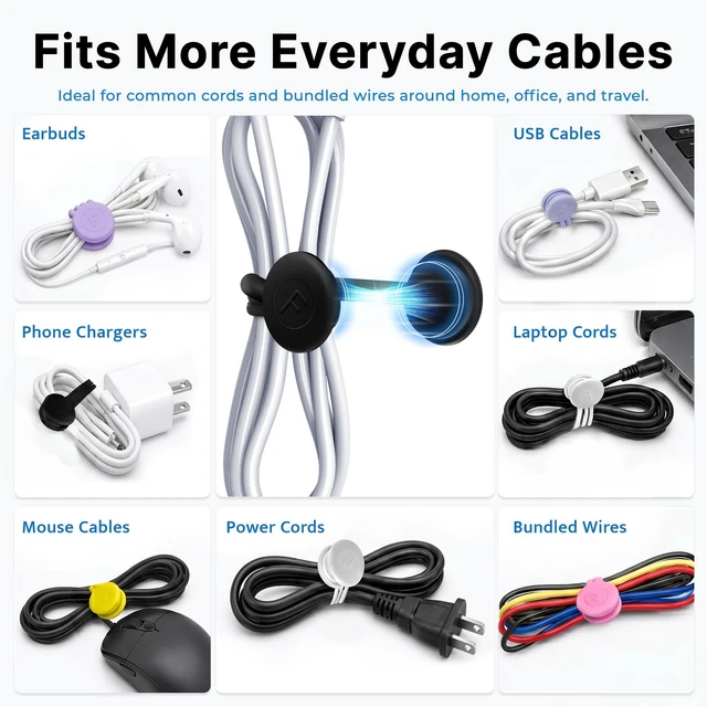 Alt view image 4 of 7 - Magnetic Cable Ties 12 Pack, 6.88 Inch Reusable Silicone Cord Organizer Wraps, Magnetic Cable Straps for Charging Cords, USB Cables, Earbuds, Travel, Black & Assorted