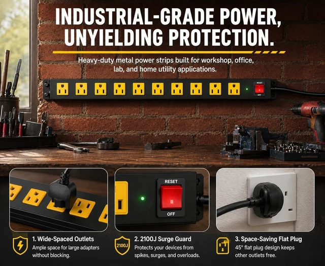 Alt view image 3 of 7 - 10 Outlet Heavy Duty Metal Surge Protector Power Strip, 2100J Surge Protection, 6FT Long Extension Cord, Wide Spaced Outlets and Wall Mount for Garage, Workshop, Industrial, Home (2 Pack 6ft)