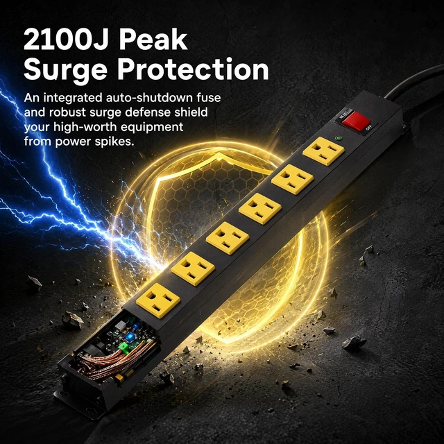 Alt view image 4 of 7 - 10 Outlet Heavy Duty Metal Surge Protector Power Strip, 2100J Surge Protection, 6FT Long Extension Cord, Wide Spaced Outlets and Wall Mount for Garage, Workshop, Industrial, Home (2 Pack 6ft)