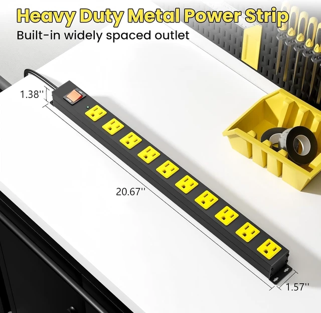 Alt view image 7 of 7 - 10 Outlet Heavy Duty Metal Surge Protector Power Strip, 2100J Surge Protection, 6FT Long Extension Cord, Wide Spaced Outlets and Wall Mount for Garage, Workshop, Industrial, Home (2 Pack 6ft)