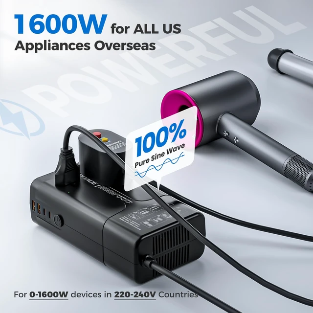 Alt view image 2 of 7 - 1600W Voltage Converter US to Europe for Hair Dryer Straightener Curler Step Down 220V to 110V Converter for European Travel, Pure Sine Wave Voltage Transformer, No Limit for Any US appliances