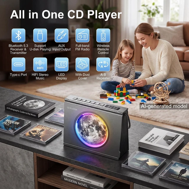 Alt view image 2 of 7 - Portable CD Player Bluetooth 5.3, Hi-Fi Speaker,4000mAh Battery Desktop CD music player for home with Light modes, battery level indicator,4000mAh Rechargeable Battery,room decor,Gift Ideas