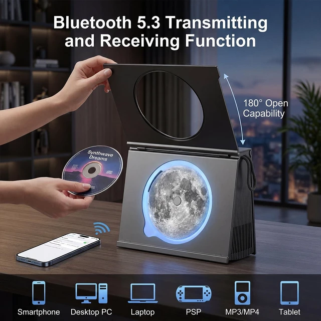 Alt view image 3 of 7 - Portable CD Player Bluetooth 5.3, Hi-Fi Speaker,4000mAh Battery Desktop CD music player for home with Light modes, battery level indicator,4000mAh Rechargeable Battery,room decor,Gift Ideas