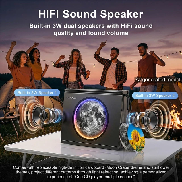 Alt view image 4 of 7 - Portable CD Player Bluetooth 5.3, Hi-Fi Speaker,4000mAh Battery Desktop CD music player for home with Light modes, battery level indicator,4000mAh Rechargeable Battery,room decor,Gift Ideas