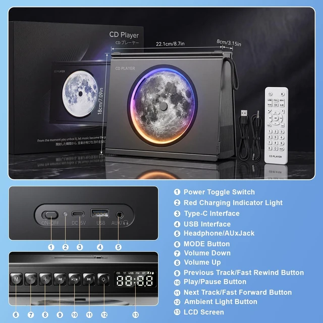 Alt view image 5 of 7 - Portable CD Player Bluetooth 5.3, Hi-Fi Speaker,4000mAh Battery Desktop CD music player for home with Light modes, battery level indicator,4000mAh Rechargeable Battery,room decor,Gift Ideas