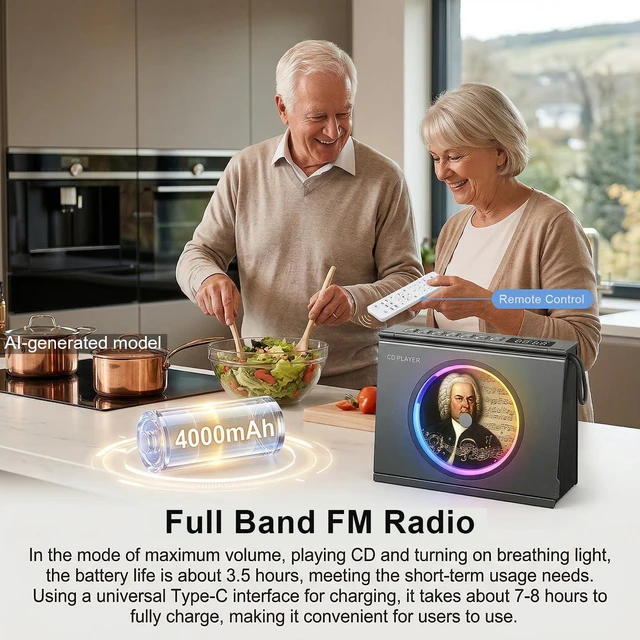Alt view image 7 of 7 - Portable CD Player Bluetooth 5.3, Hi-Fi Speaker,4000mAh Battery Desktop CD music player for home with Light modes, battery level indicator,4000mAh Rechargeable Battery,room decor,Gift Ideas